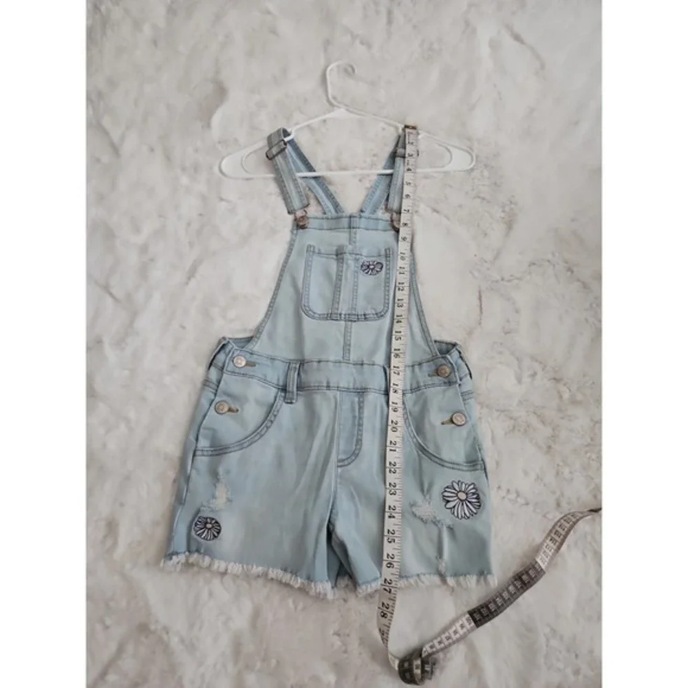 Justice Girls Size 12 Daisy Embroidered Denim Shortalls Light Wash Distressed